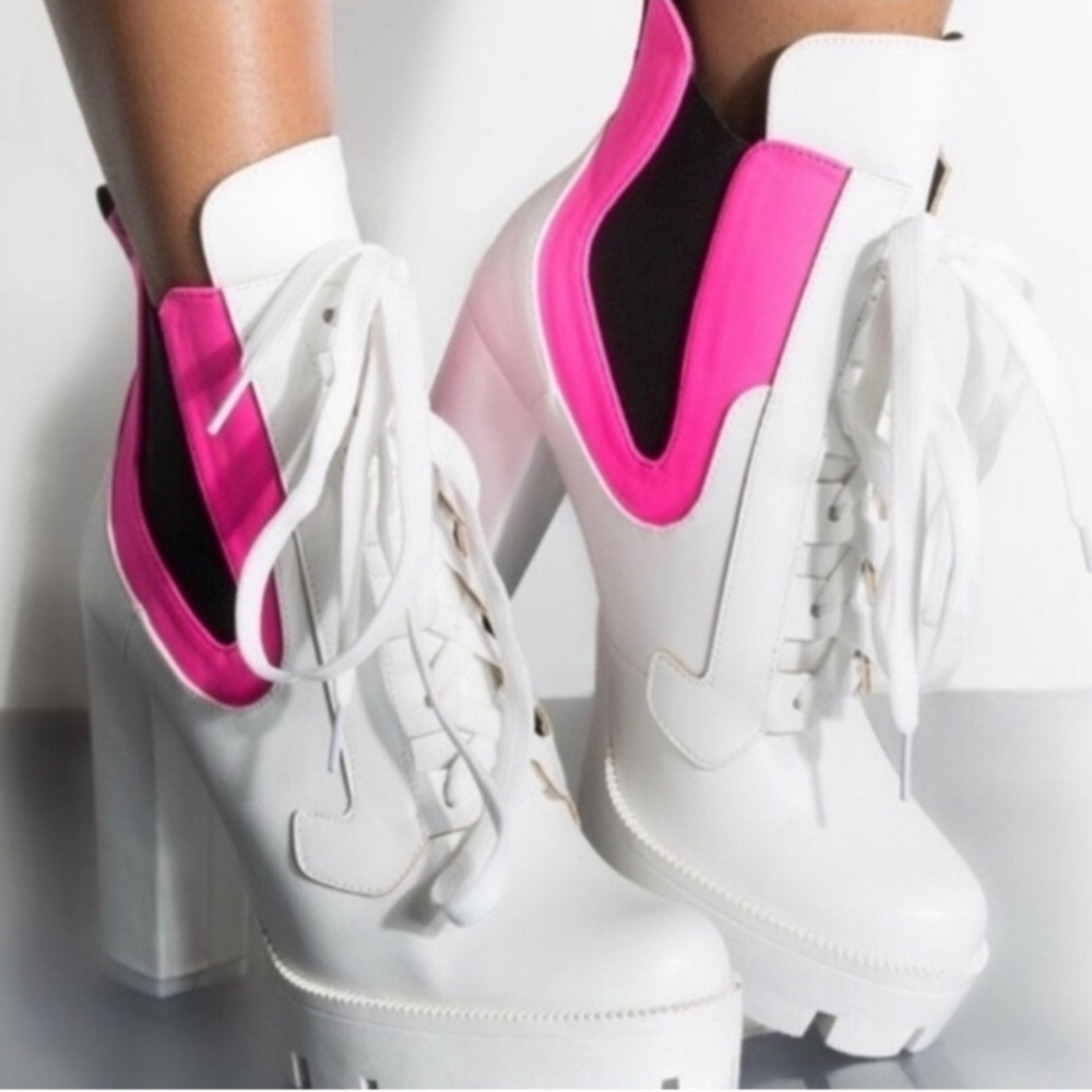 Cape Robbin Chunky Platform Disco Booties Sz 6.5 white neon pink